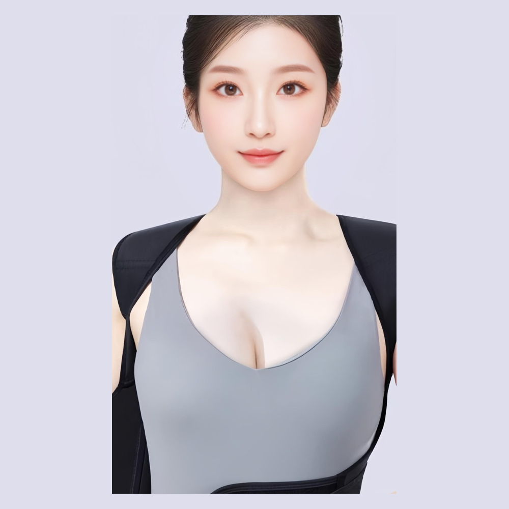 Posture corrector worn under a top, front view showing the thin shoulder straps and waist band