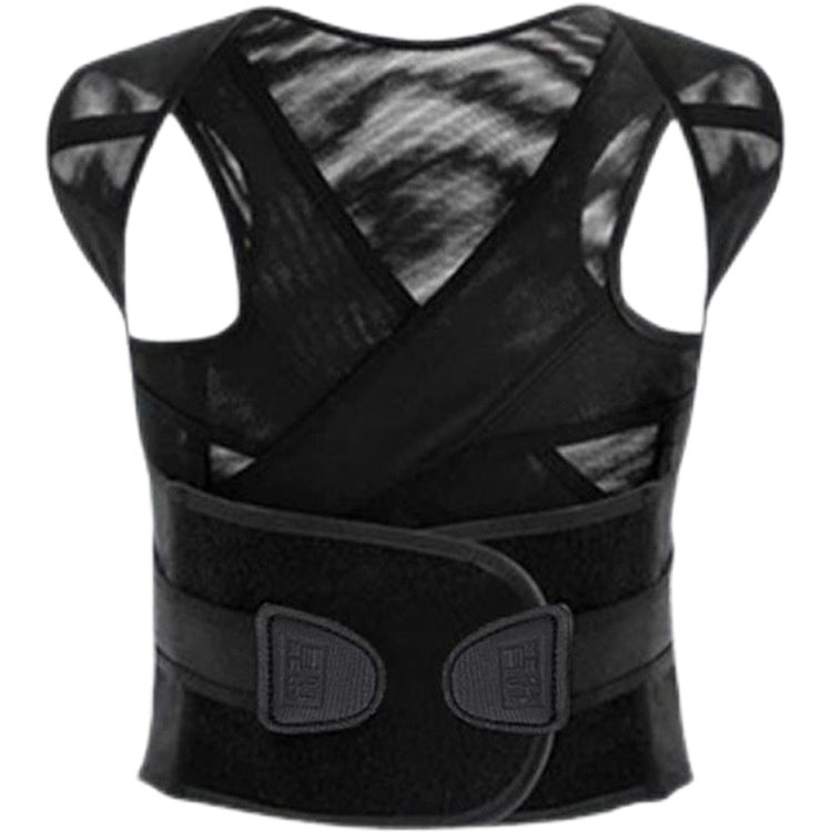 Black invisible posture corrector brace with adjustable waist band, shown flat