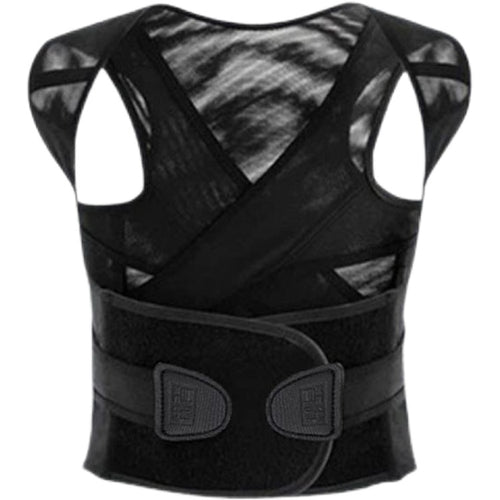 Black invisible posture corrector brace with adjustable waist band, shown flat